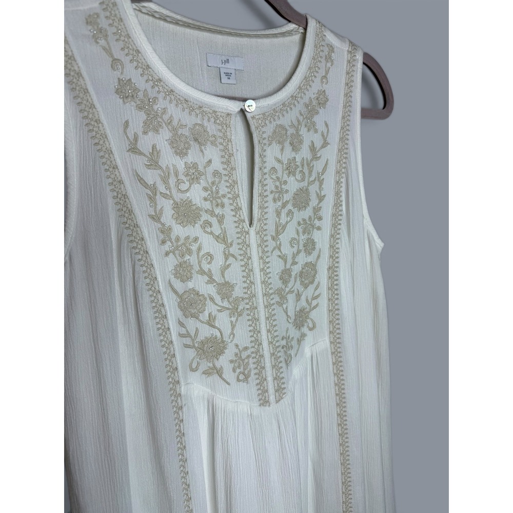 J. Jill White Crinkle Gauze Embroidered Beaded Sleeveless Midi Dress Womens XS - Picture 4 of 9